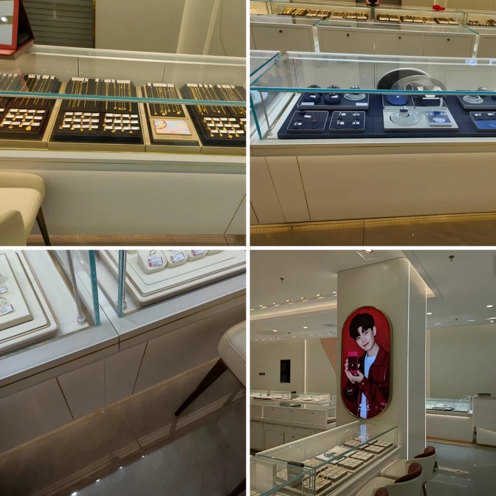 Four views of a white-and-gold jewelry store: gold on black velvet trays, diamonds on blue liners, curved counter structure and full floor