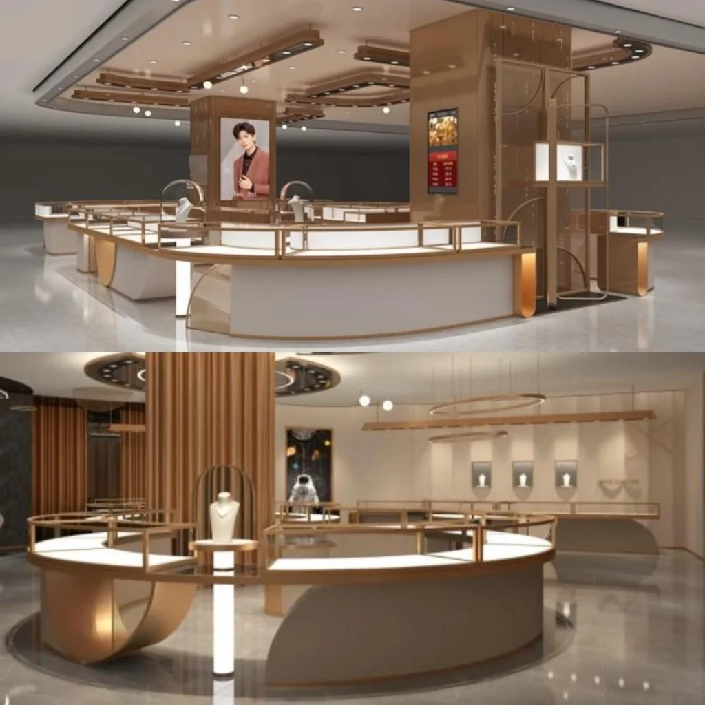 弧形島櫃專案雙視圖:玫瑰金環形櫃檯搭配圓柱玻璃罩展台,後方為格柵屏風與壁龕牆