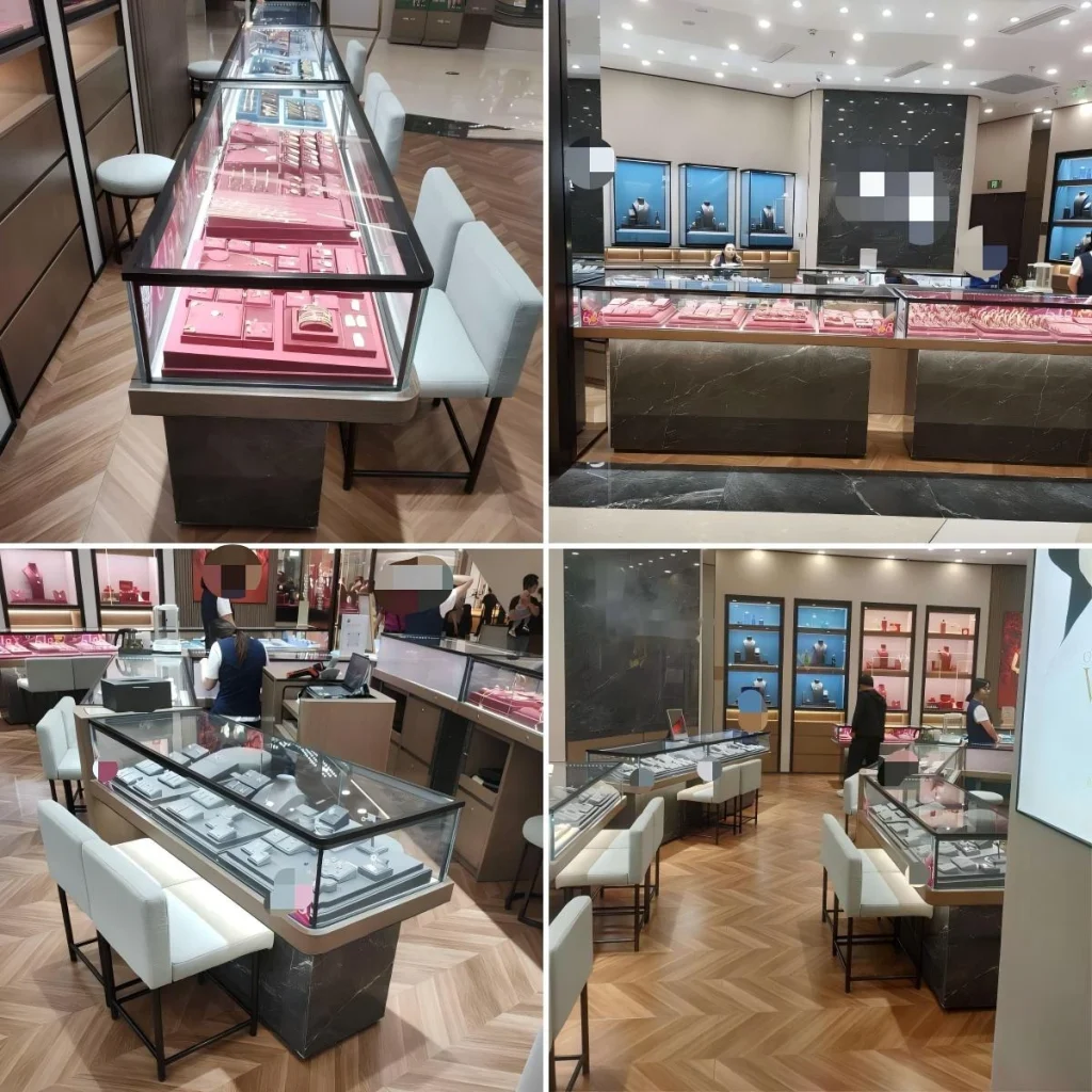 Jewelry counter display program in four views: gold counters with pink trays, blue-quilted wall showcases, store elevation and service corner