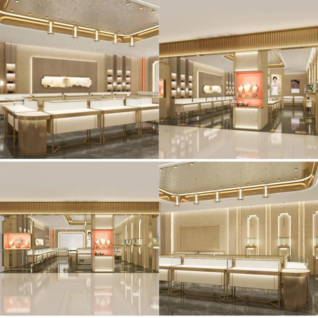 Vues des comptoirs rétroéclairés : comptoirs parallèles à dessus en verre, colonne d'exposition corail, niches en arc et mur arrière lumineux