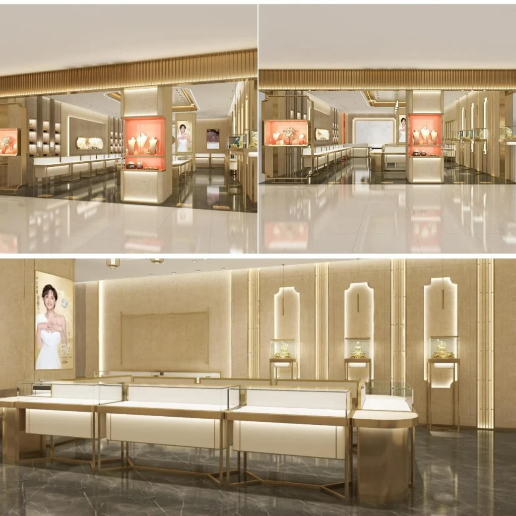 Façade de comptoirs rétroéclairés en or champagne : bandeau vertical cannelé, colonnes d'exposition rétroéclairées corail avec bustes de colliers, entrée ouverte de centre commercial