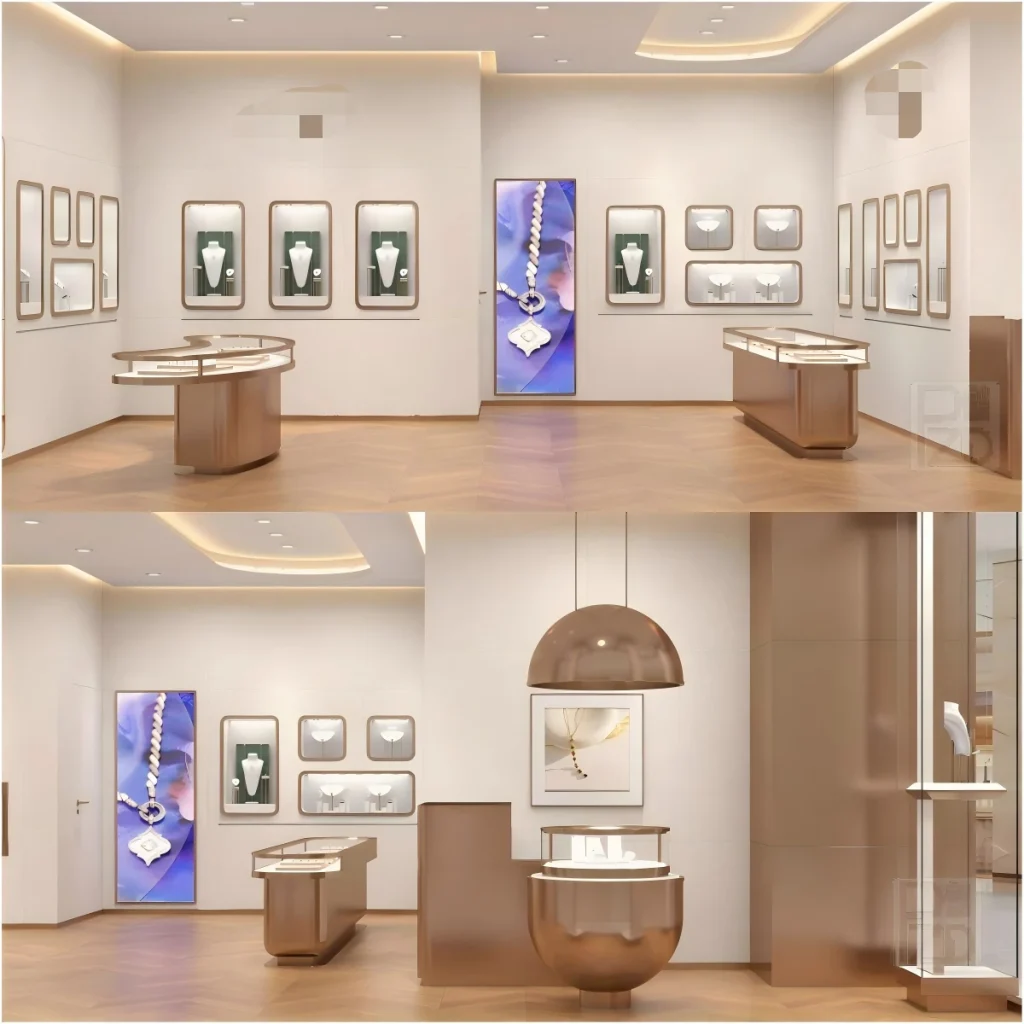 Wall mounted jewelry display case system with bronze frames and green backings in a fine jewelry boutique