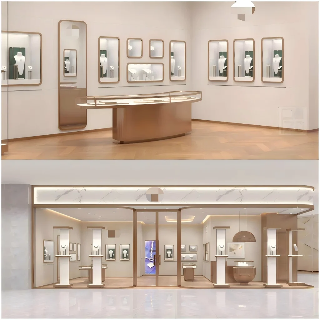 Wall mounted jewelry display case system with bronze frames and green backings in a fine jewelry boutique