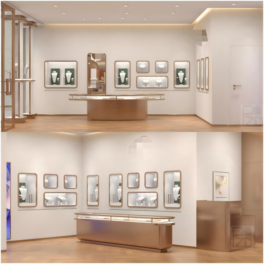 Oval display counter and glass dome pedestal under bronze pendant in a custom jewelry store fit-out