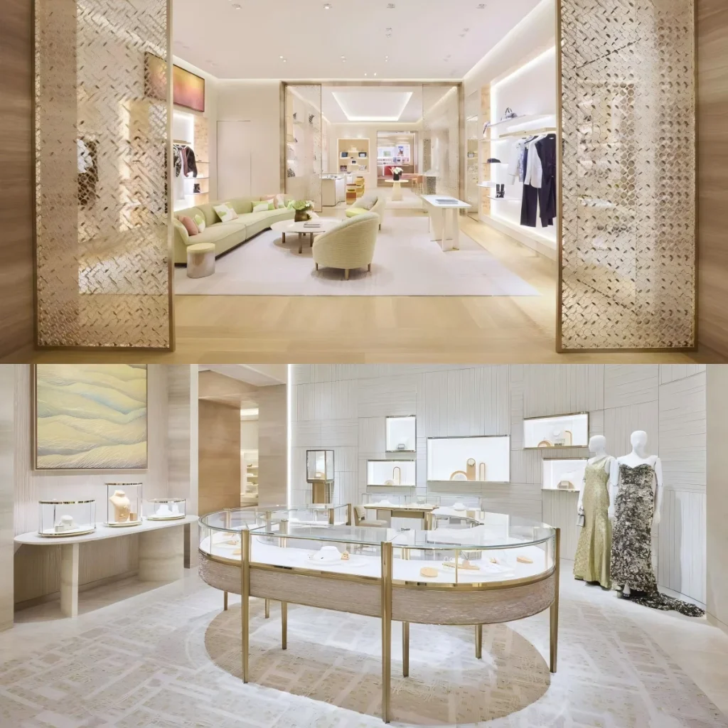 Circular glass jewelry showcase and consultation desk in a luxury maison boutique