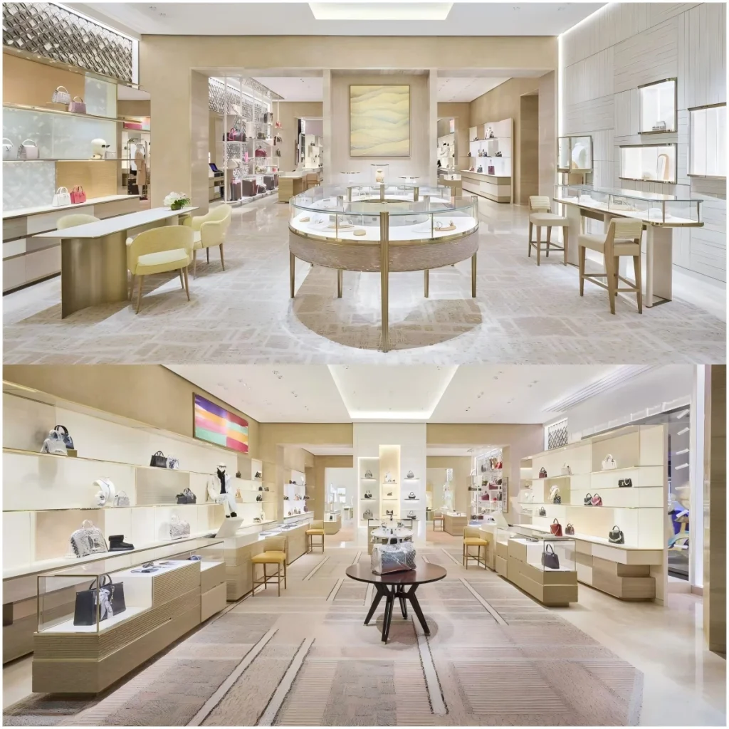 Round jewelry display case with brass frame and museum vitrine wall in a luxury jewelry salon