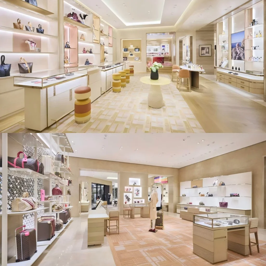 Illuminated tiered shelving and glass display counters across a luxury boutique fashion floor