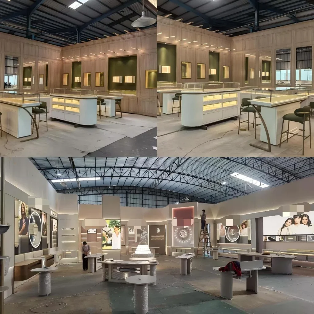 Modular store fixtures staged for showroom delivery with curved counters and LED-lit wall niches