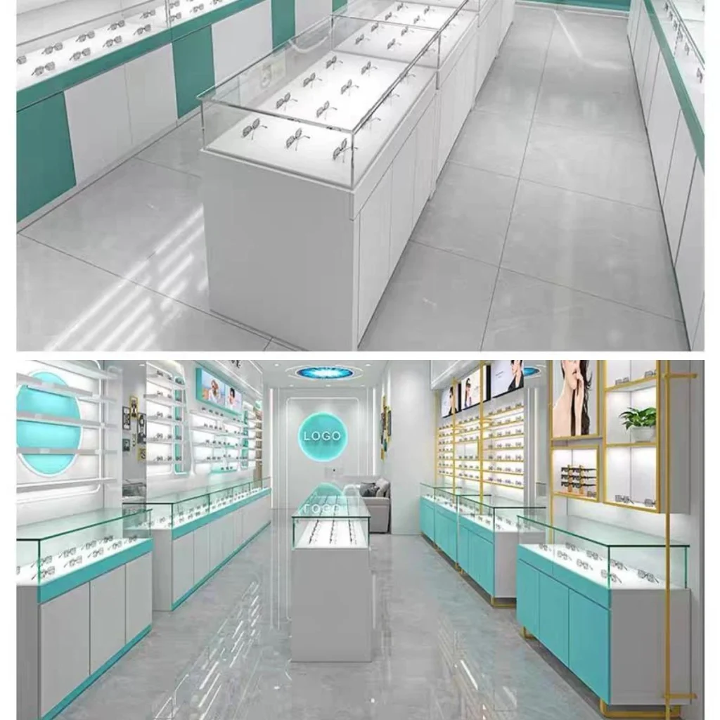 Design d'intérieur de magasin d'optique avec systèmes muraux de présentation, élément de logo éclairé et sièges de consultation