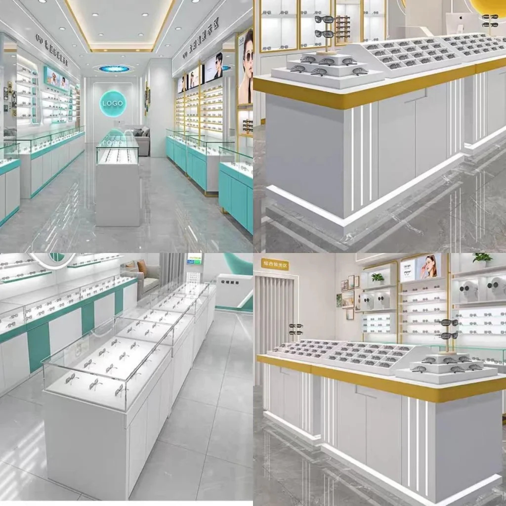 Comptoirs de présentation de lunettes, meubles muraux et zone de service d'optométrie dans un magasin d'optique personnalisé