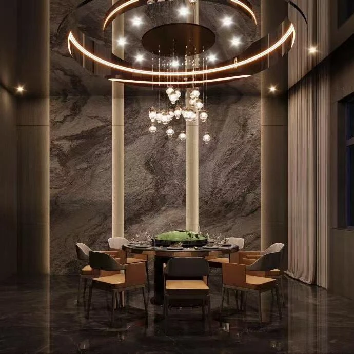 Private dining enclosure with marble-look walls and tiered crystal chandelier in a restaurant design and build rendering