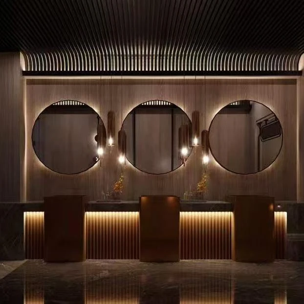 Entrance vanity area with three circular mirrors and warm wood grilles in a restaurant fit out design rendering