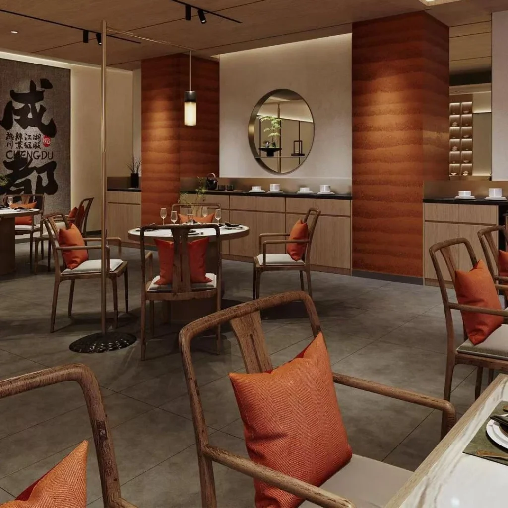 Main hall with cultural calligraphy wall and semi-private booth dividers in a restaurant design and build rendering
