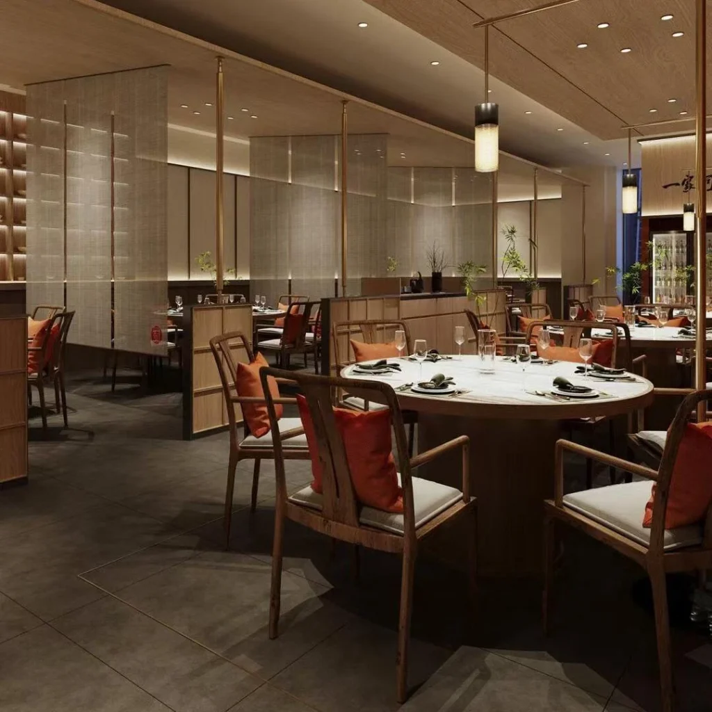 Dining area with sheer-fabric screens and walnut-framed chairs in a restaurant fit out design rendering