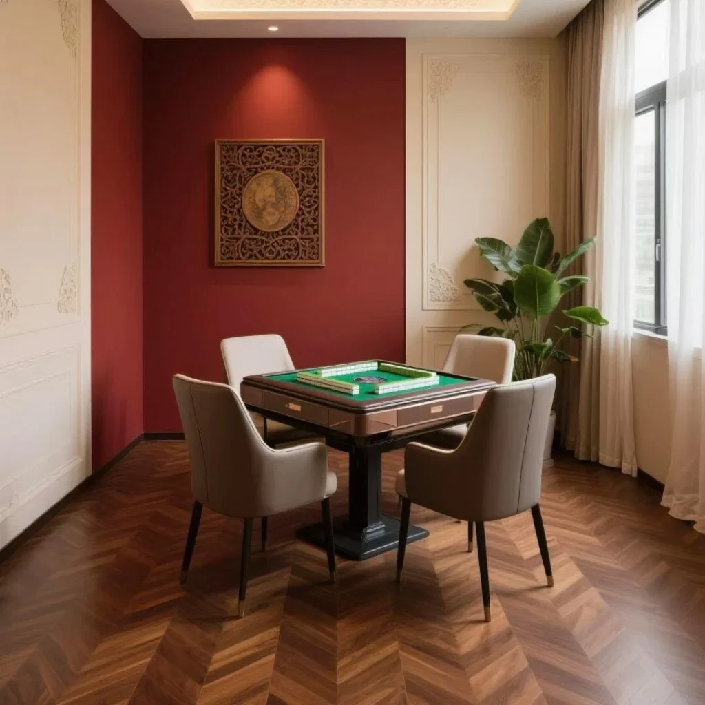 Mahjong room with herringbone oak flooring and red feature wall in a restaurant fit out design rendering