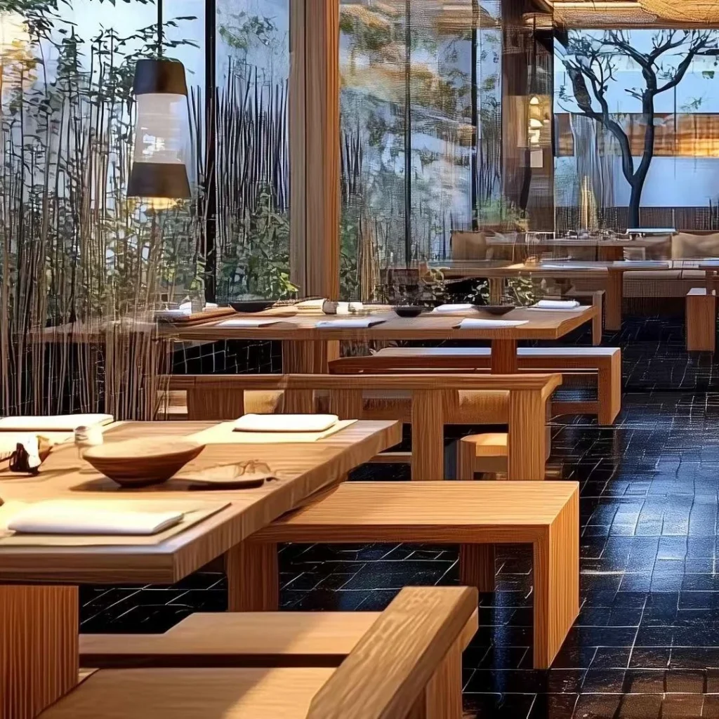 Wood lattice screen and paper lantern in a japanese restaurant interior design rendering, showcasing entryway partition with natural oak frames and soft ambient lighting