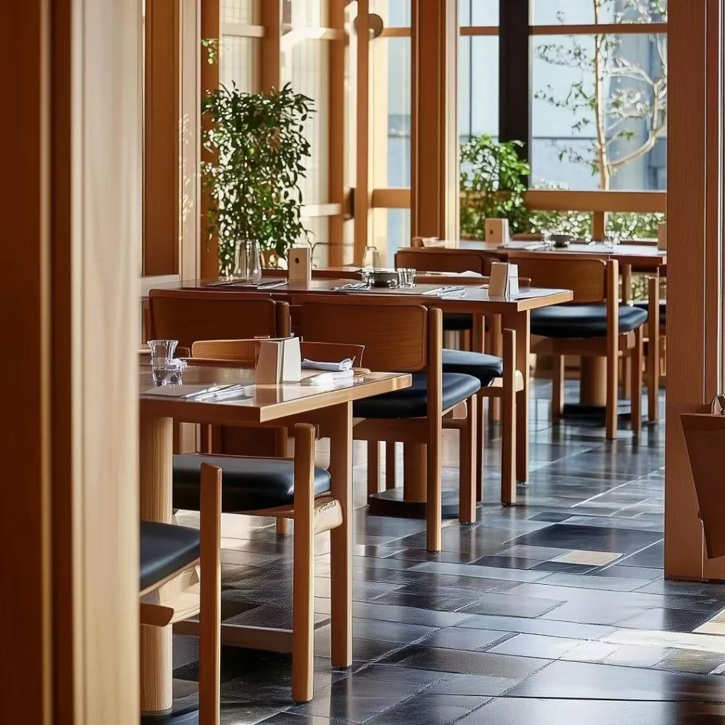 Communal bench table with large bamboo-window view in a japanese restaurant interior design rendering, natural oak furniture and black marble floor