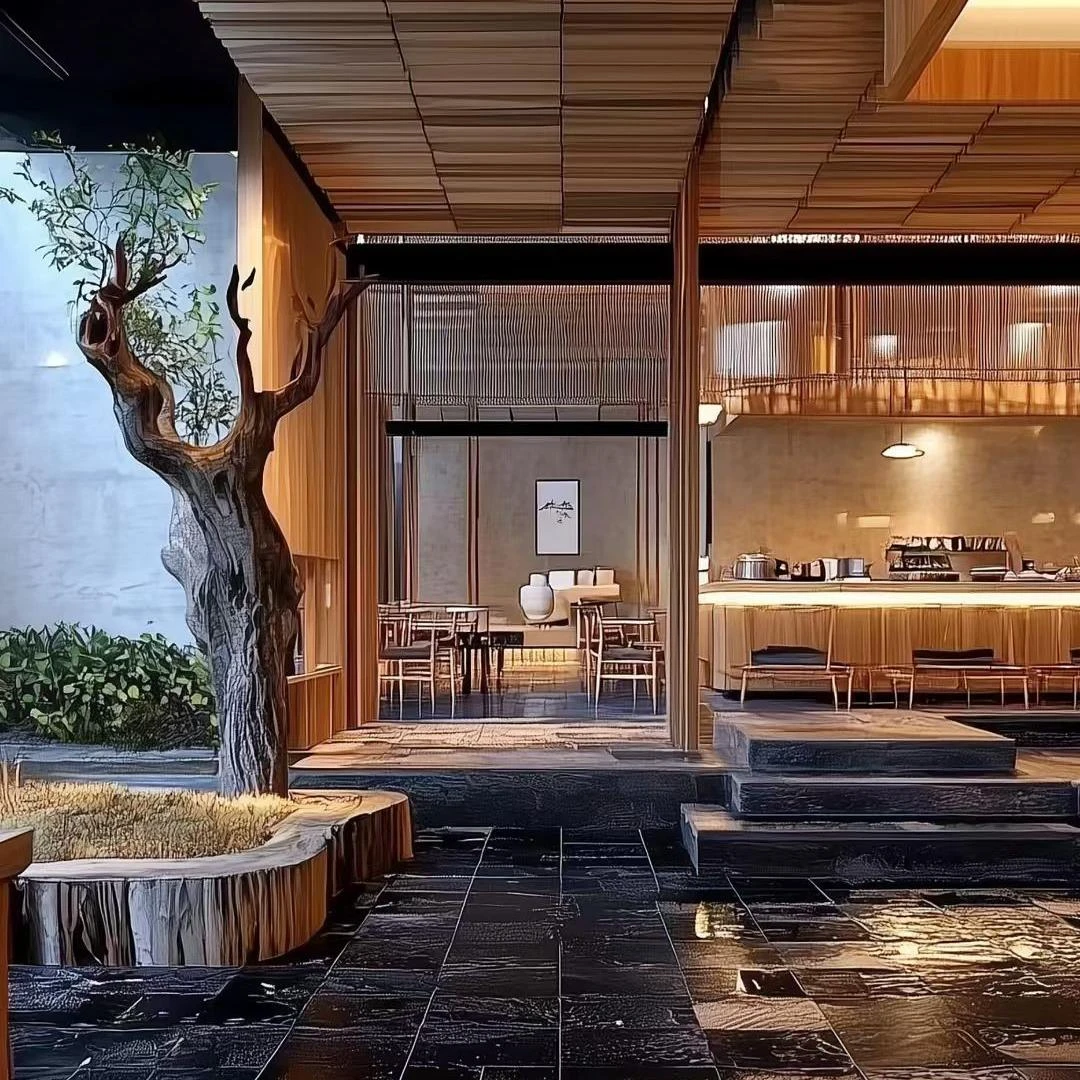 Área de comedor informal con sillas de madera y mamparas de columnas de listones en un renderizado de diseño de interiores de restaurante japonés, con luz natural brillante y acentos verdes