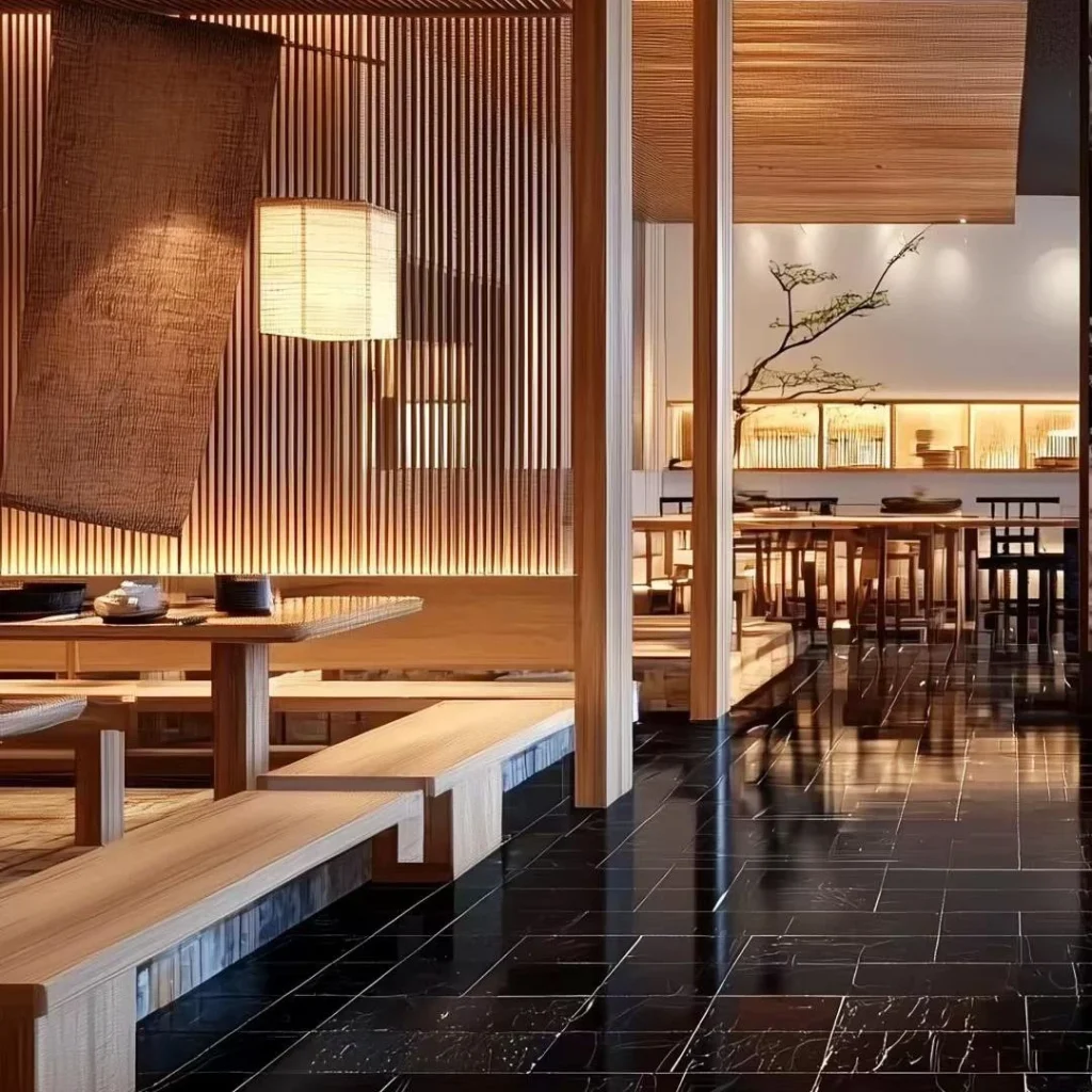 Zen garden centerpiece with dead tree sculpture and sushi counter in a japanese restaurant interior design rendering, natural oak and black stone material palette