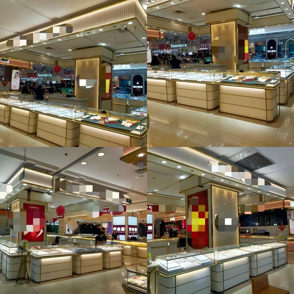 黃金珠寶連鎖店內裝,採用高密度托盤櫃檯、包覆立柱及紅色品牌點綴