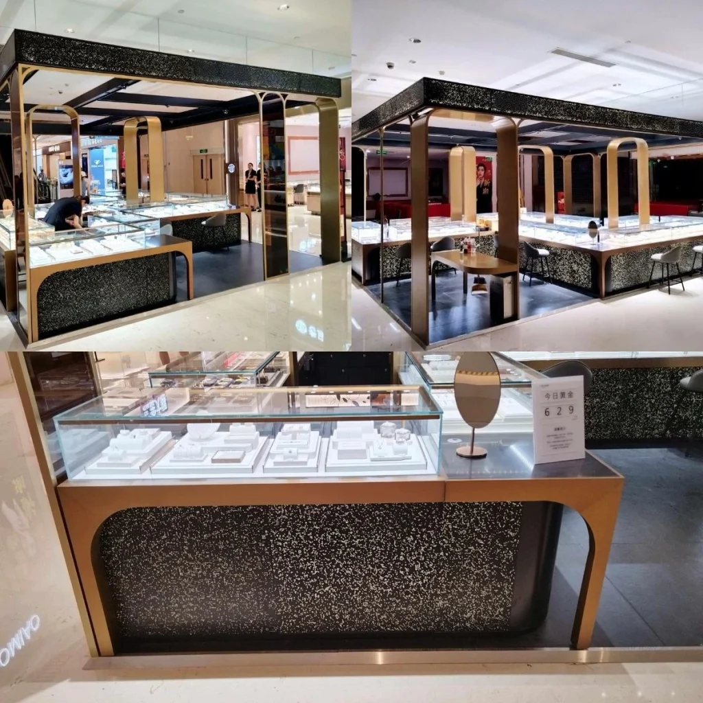 沿街珠寶精品店內跑道形排列的水磨石展示櫃,配拉絲金框架及玻璃展櫃