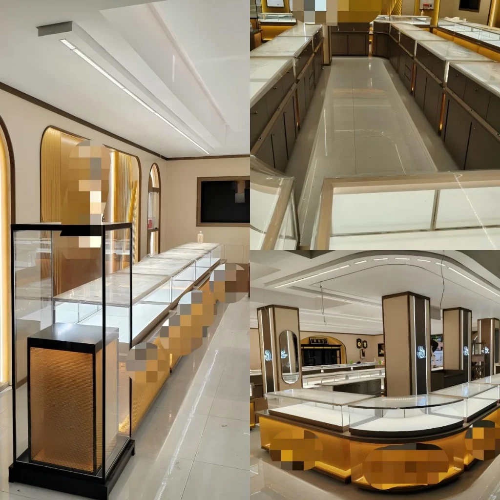 Lighted gold jewelry store interior in four views: arched lit backwall niches, freestanding glass tower, double-run sales aisle and glowing island counter