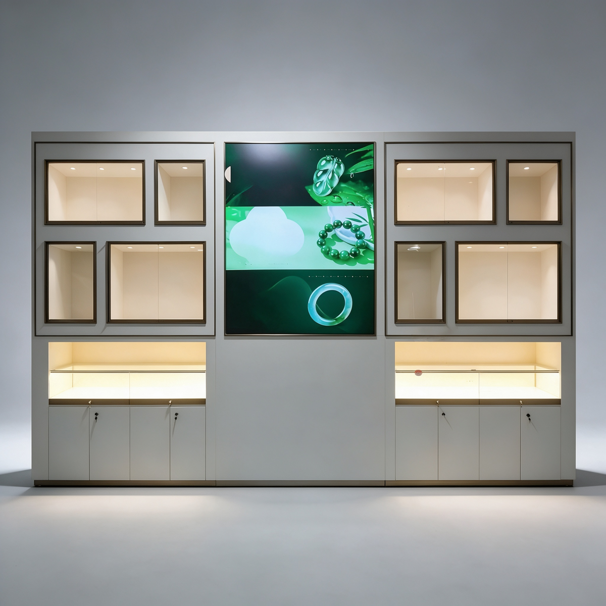 Wall Display Cabinet — Jade Showcase Wall with Built-in LED Screen