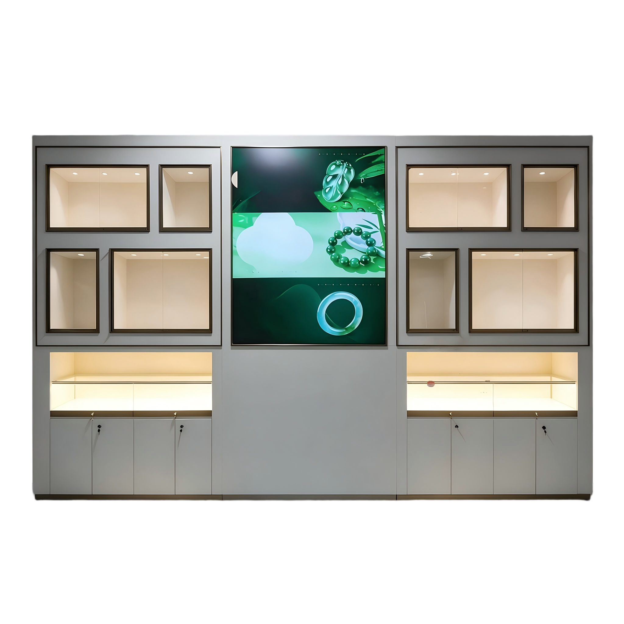 Wall Display Cabinet — Jade Showcase Wall with Built-in LED Screen