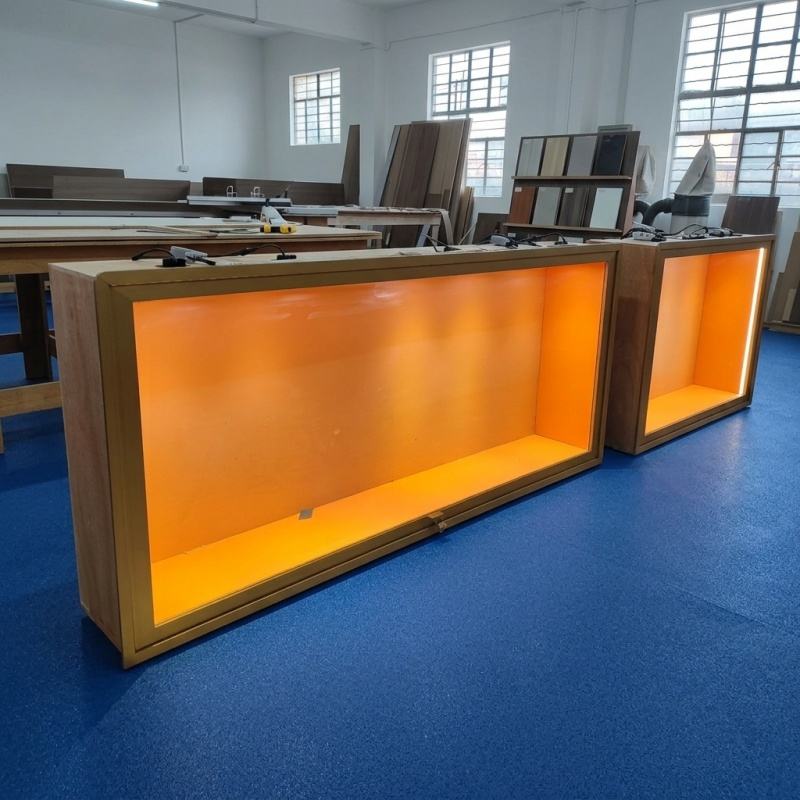 Wall Mounted Display Case — Gold Backlit Glass Showcase with LED Lighting