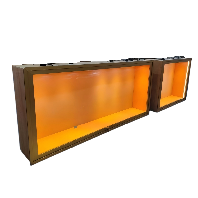 Wall Mounted Display Case — Gold Backlit Glass Showcase with LED Lighting