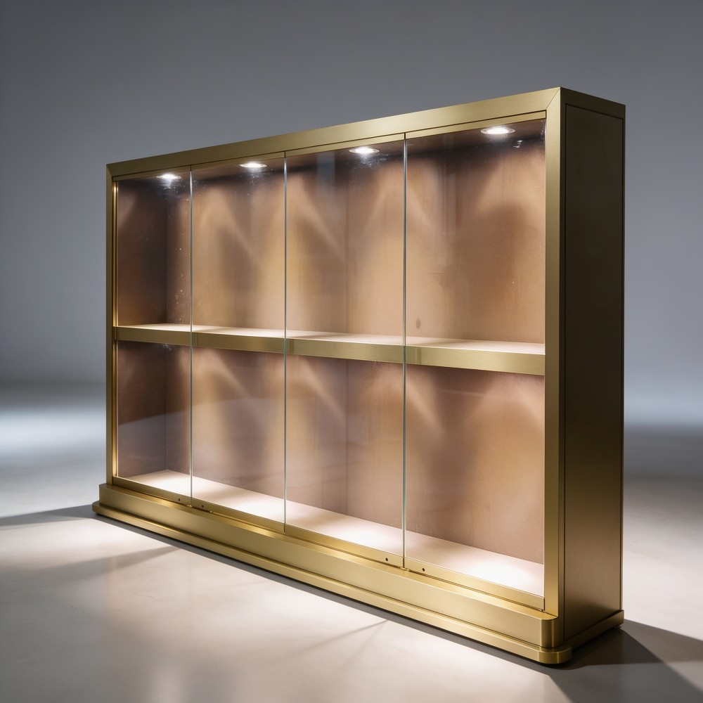 Display Cabinet With Lights — Gold Glass Showcase for Retail Stores