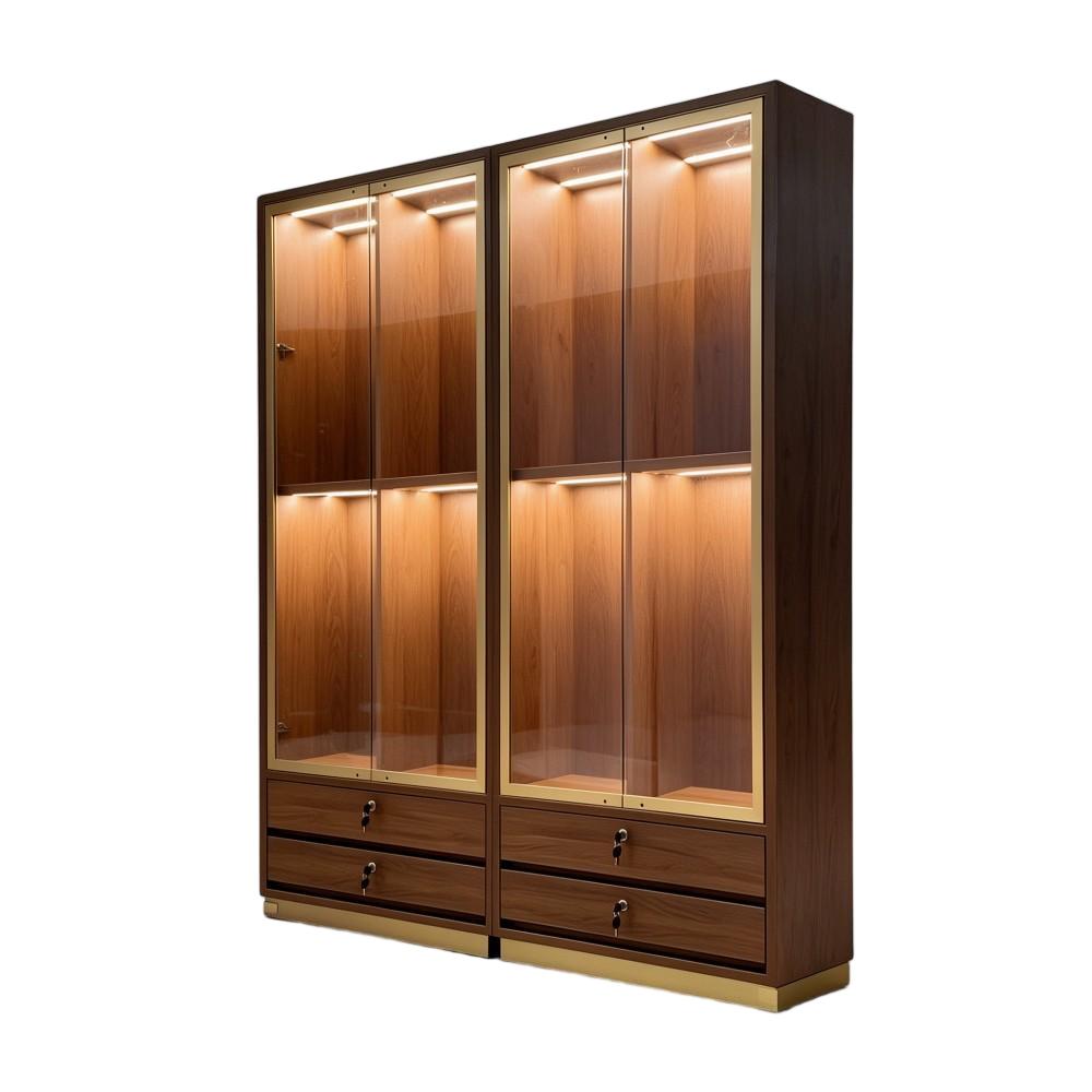 Curio Display Cabinet — Walnut Wood & Glass Showcase with Drawers