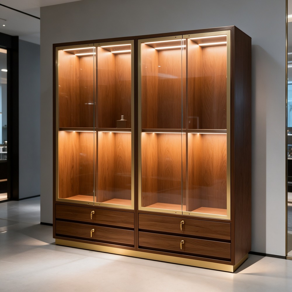 Curio Display Cabinet — Walnut Wood & Glass Showcase with Drawers