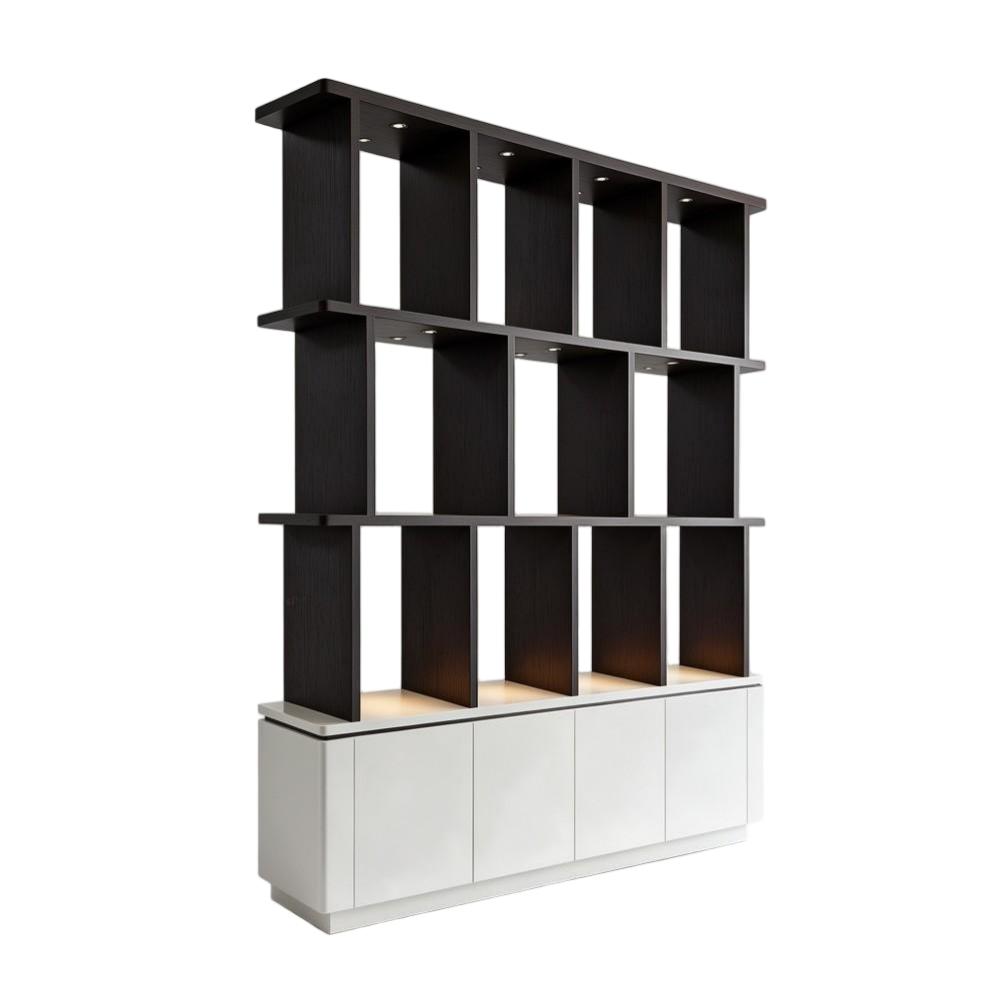 Display Shelving Unit — Wood Grid Wall Showcase with LED Lighting & Storage