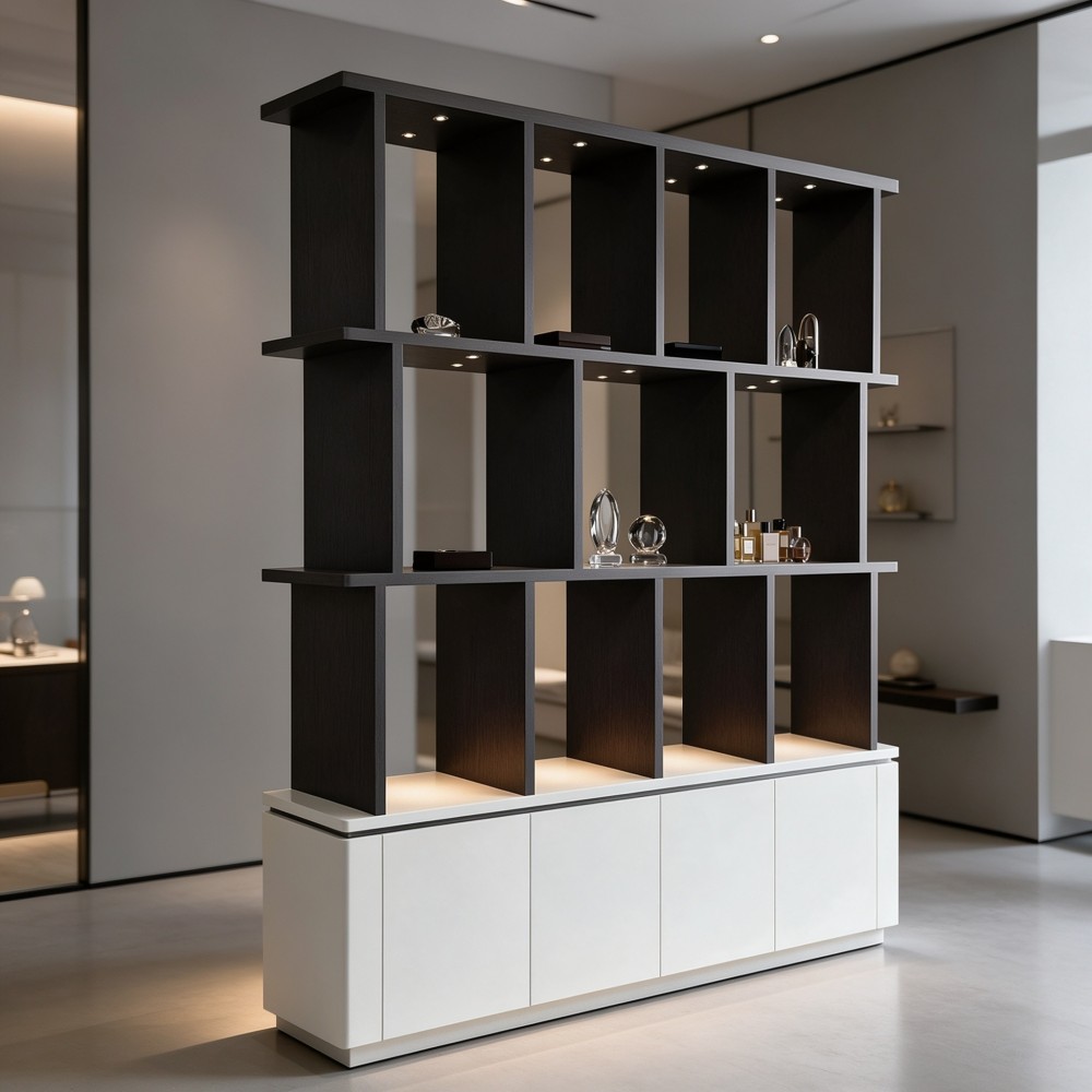 Display Shelving Unit — Wood Grid Wall Showcase with LED Lighting & Storage