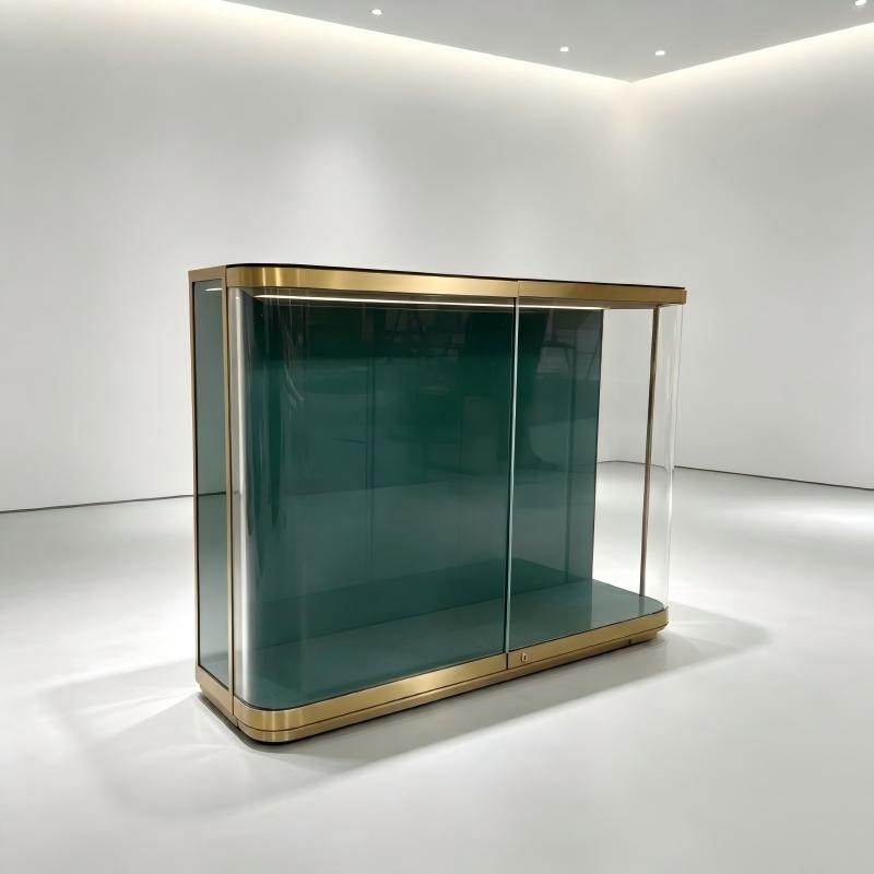 Lockable Display Case — Curved Glass Showcase with Gold Frame & LED Lighting