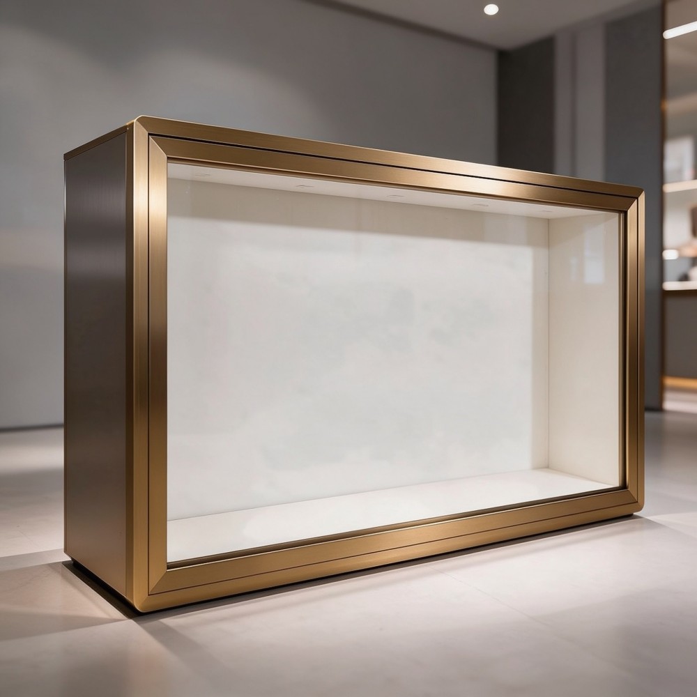Wall Mounted Display Cabinet — Gold Glass Showcase with LED & Lock