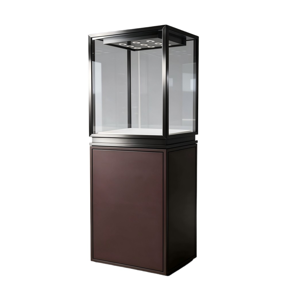 Freestanding Display Case — Museum Glass Showcase with LED Lighting & Storage Base
