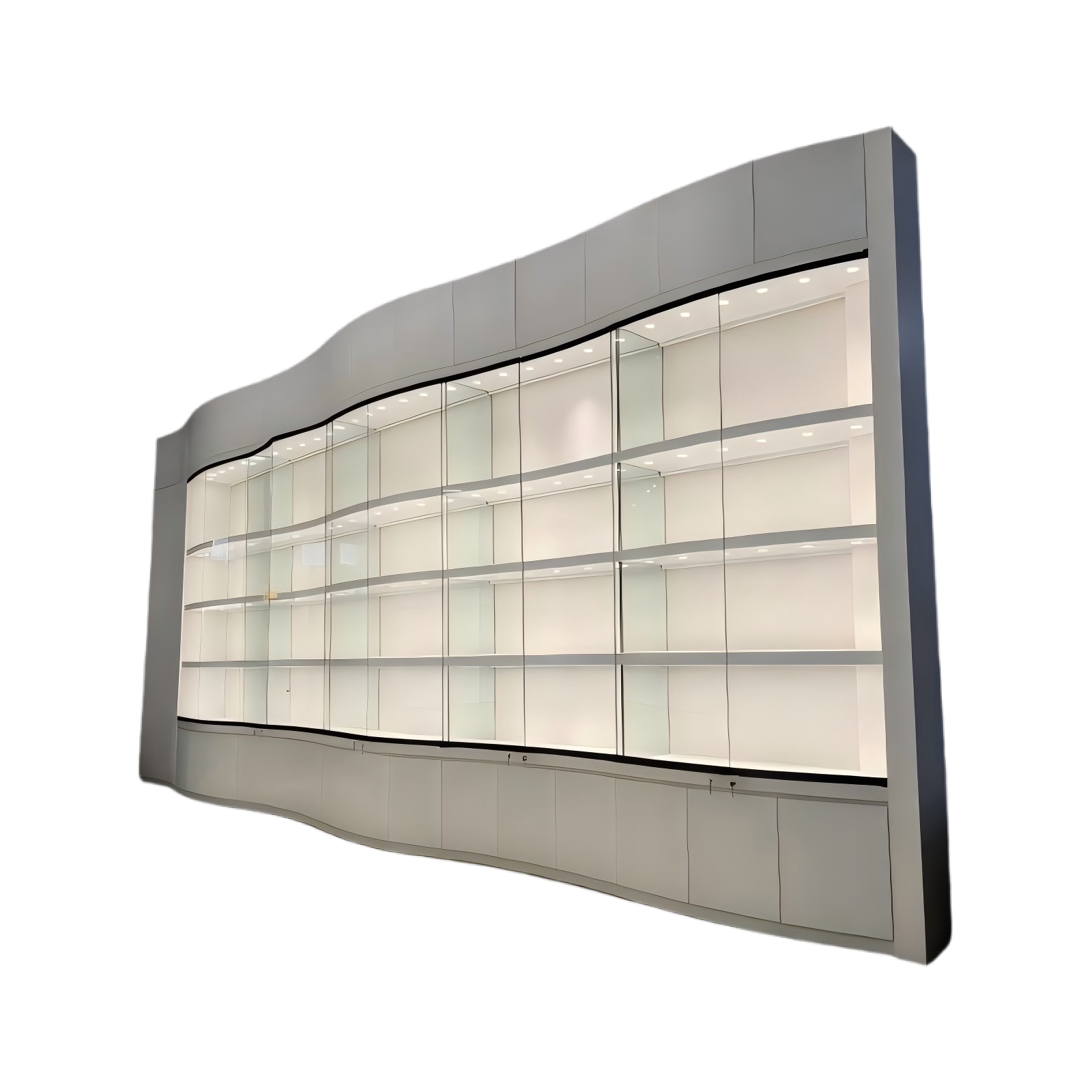 Built In Display Cabinet — Curved Glass Wall Showcase with LED Lighting