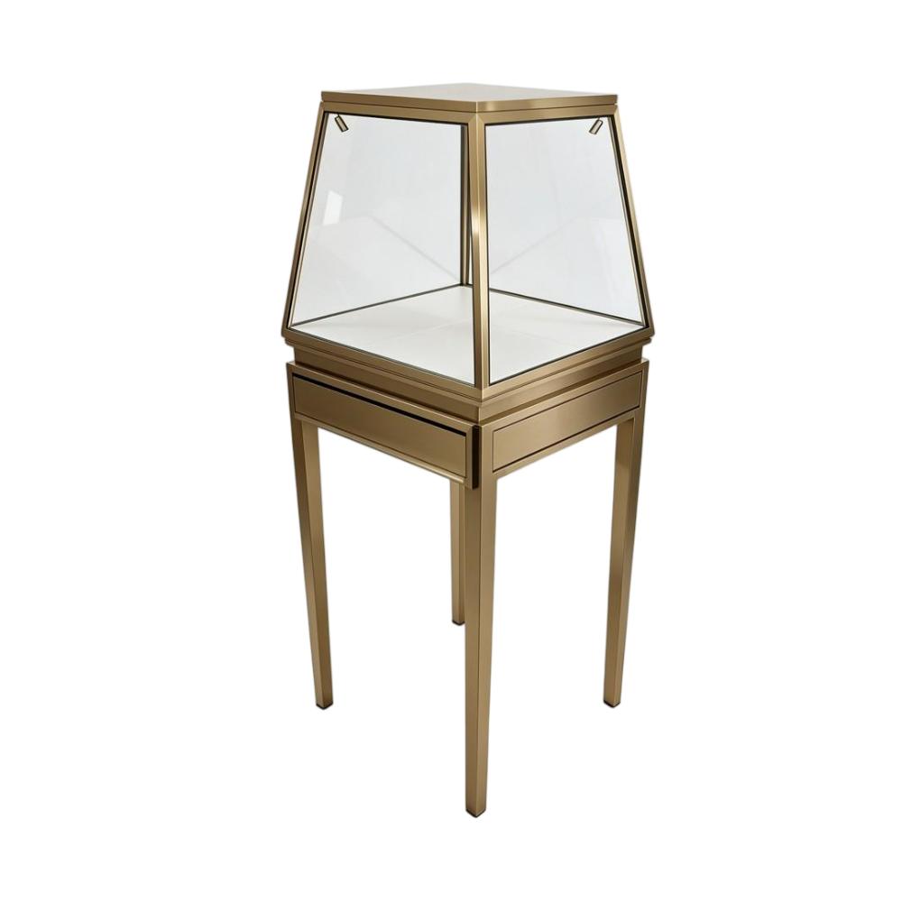 Standing Display Case — Gold Pyramid Jewelry Pedestal with Drawer & LED Lighting