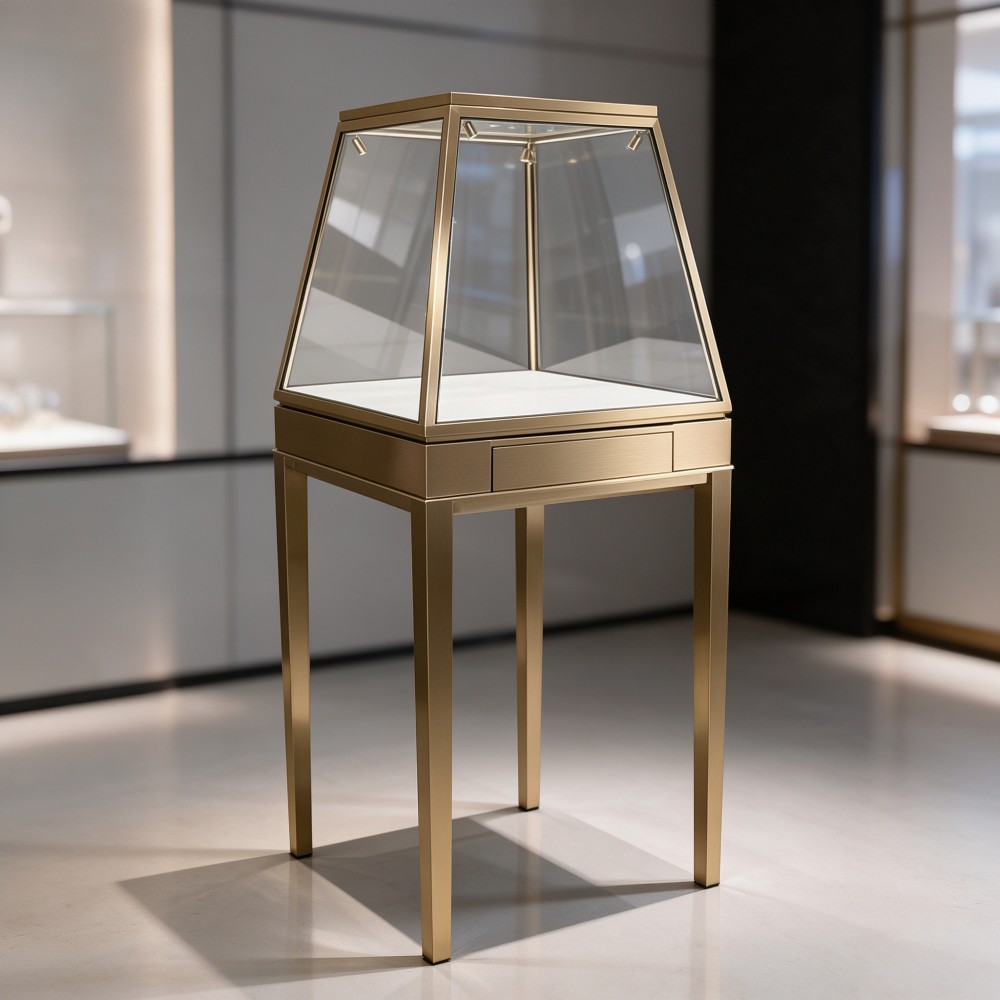 Standing Display Case — Gold Pyramid Jewelry Pedestal with Drawer & LED Lighting