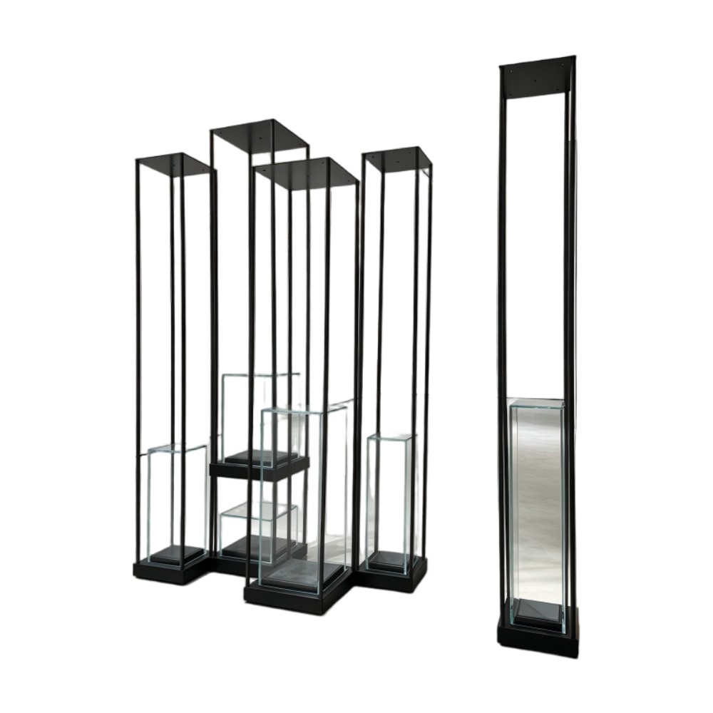 Metal Display Stand — Tall Black Museum Showcase with Glass Pedestals