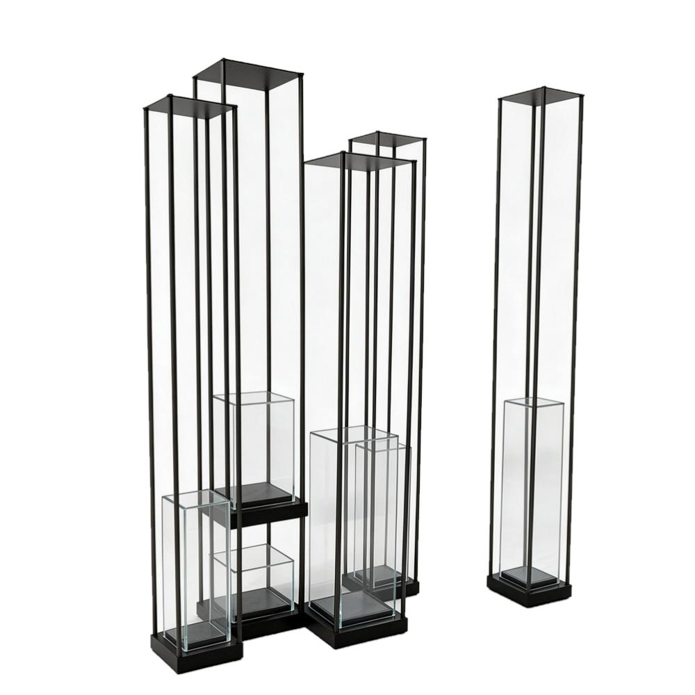 Metal Display Stand — Tall Black Museum Showcase with Glass Pedestals