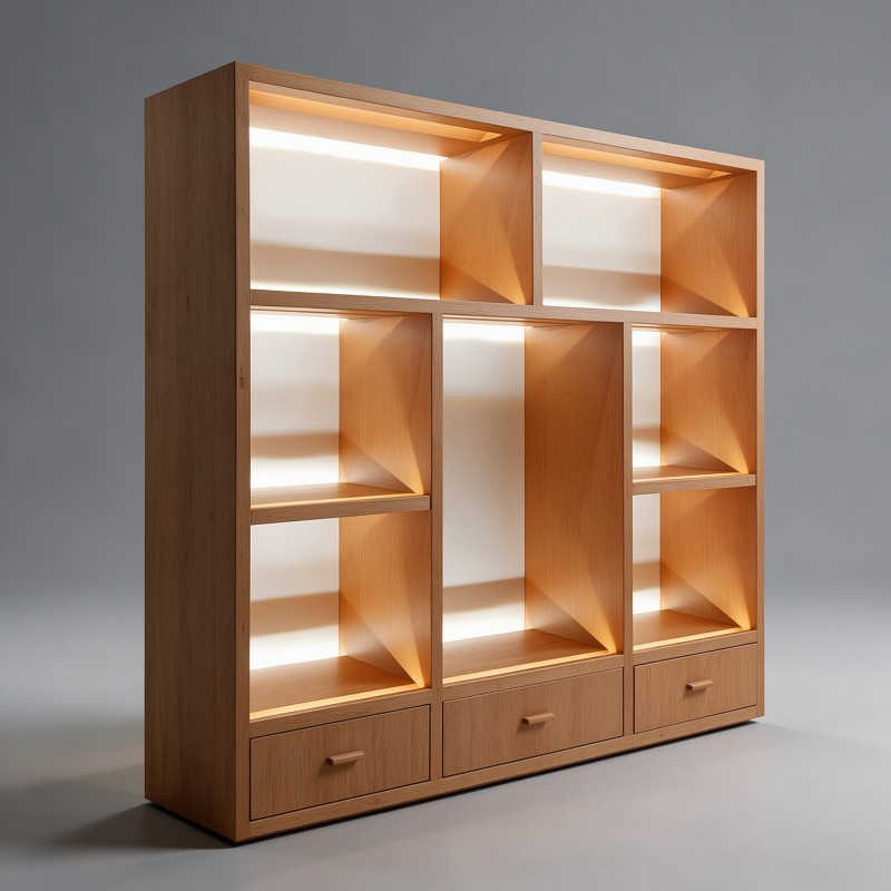 Wooden Display Case — Oak Cubby Showcase with LED Lighting & Drawers