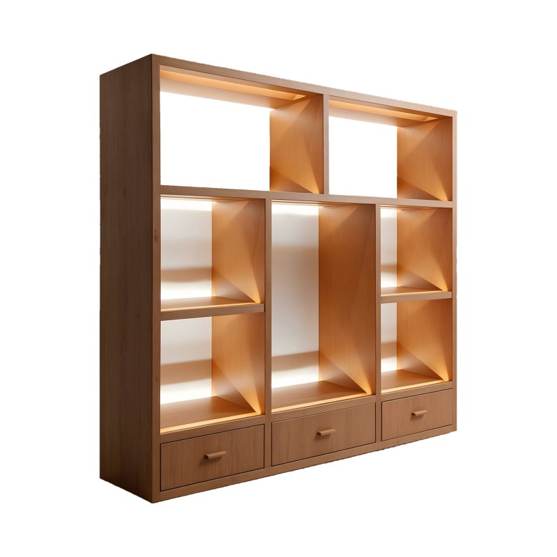 Wooden Display Case — Oak Cubby Showcase with LED Lighting & Drawers
