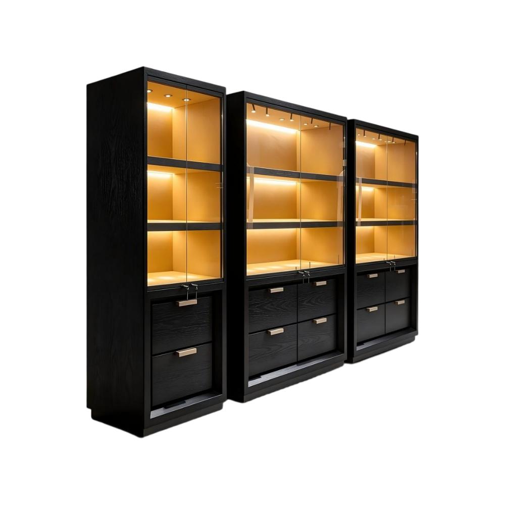 Black Display Cabinet — Dark Wood Glass Showcase with Drawers & LED Lighting