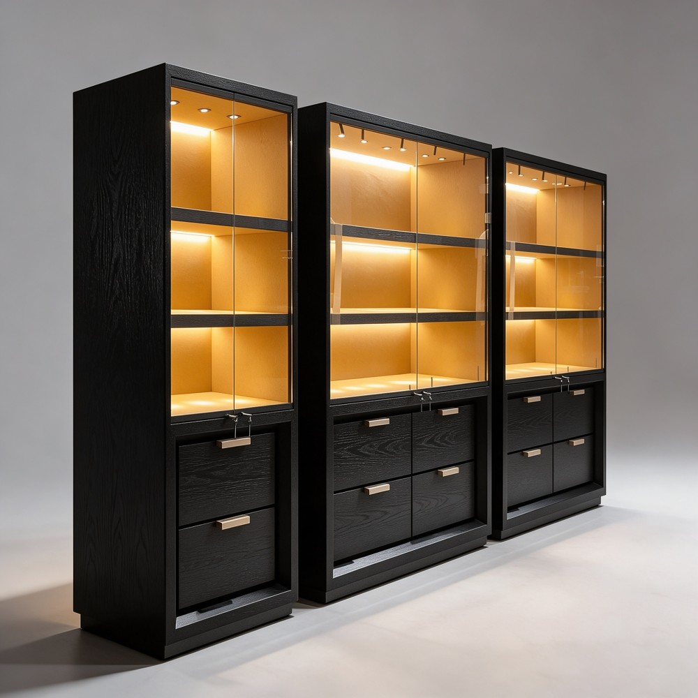 Black Display Cabinet — Dark Wood Glass Showcase with Drawers & LED Lighting