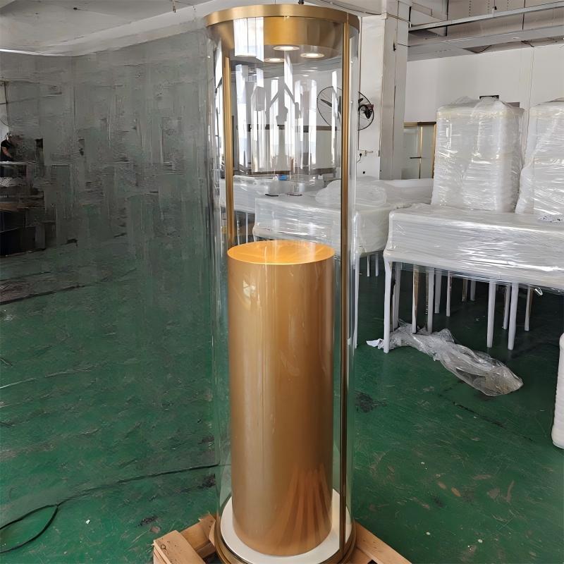 Rotating Display Case — Cylindrical Gold Glass Pedestal Showcase