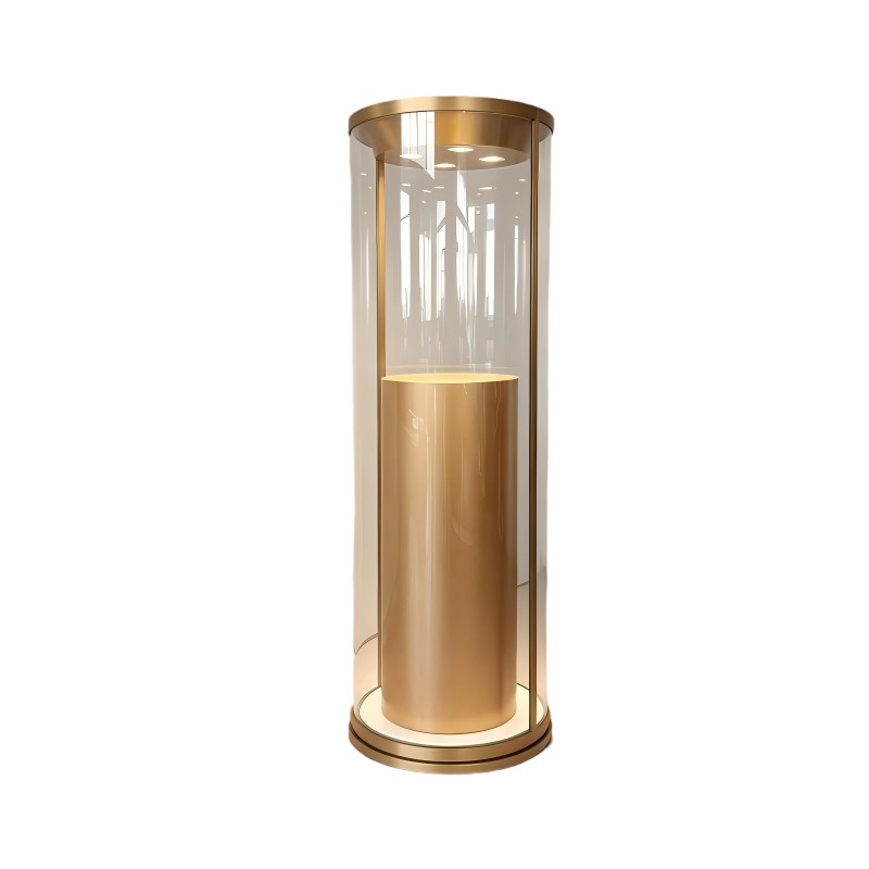 Rotating Display Case — Cylindrical Gold Glass Pedestal Showcase