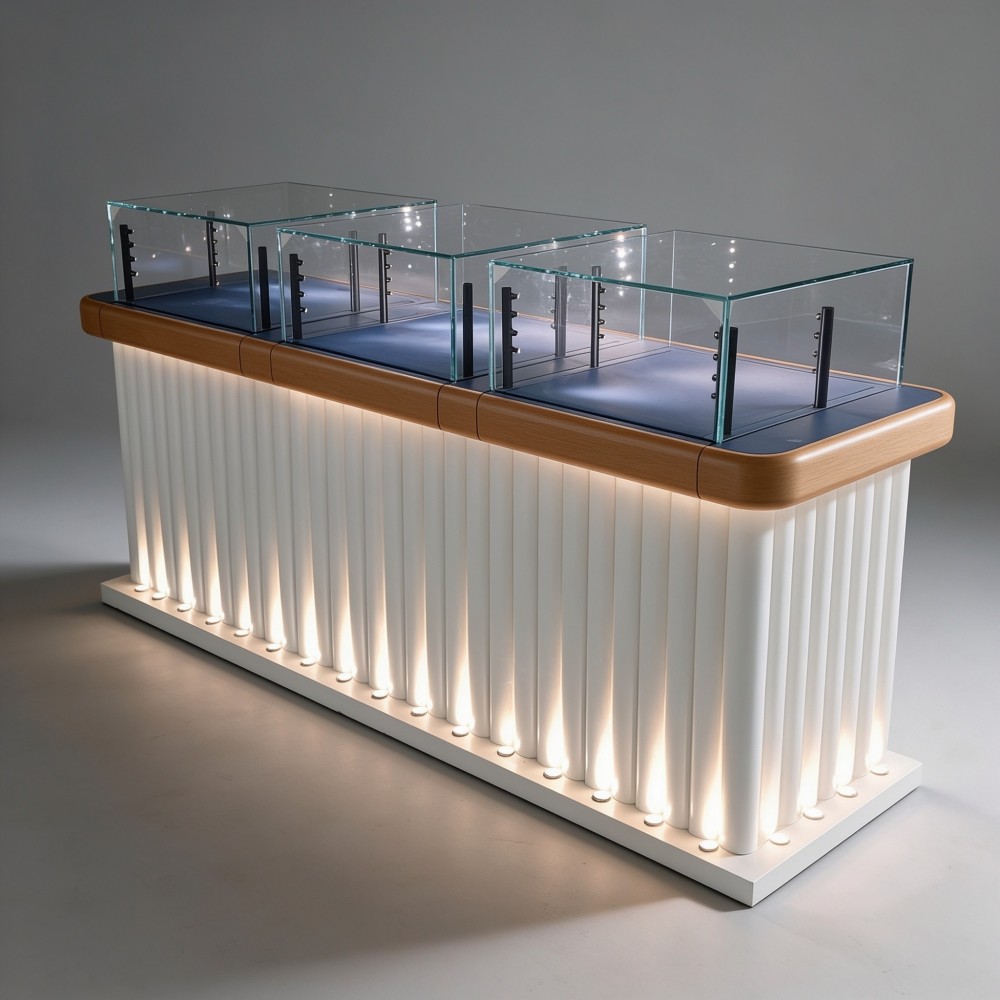 Retail Display Showcase — 3-Section White Jewelry Counter with LED Lighting